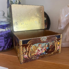 Load image into Gallery viewer, Antique Biscuit Tin with a Reproduction of a French Snuff Box in Gold Enamel