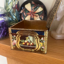 Load image into Gallery viewer, Antique Biscuit Tin with a Reproduction of a French Snuff Box in Gold Enamel