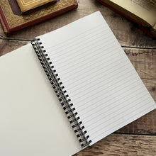 Load image into Gallery viewer, Spiral Bound Lined Notebook A5 Size with Antique Book Spine Image