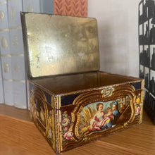 Load image into Gallery viewer, Antique Biscuit Tin with a Reproduction of a French Snuff Box in Gold Enamel