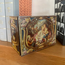 Load image into Gallery viewer, Antique Biscuit Tin with a Reproduction of a French Snuff Box in Gold Enamel
