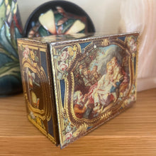 Load image into Gallery viewer, Antique Biscuit Tin with a Reproduction of a French Snuff Box in Gold Enamel