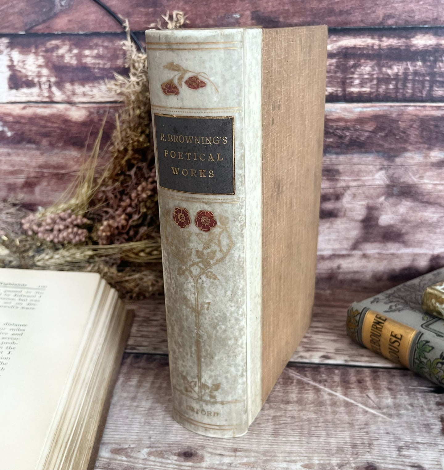 1910 Poems of Robert Browning Quarter Bound Vellum Antique Fine Binding Book WORN