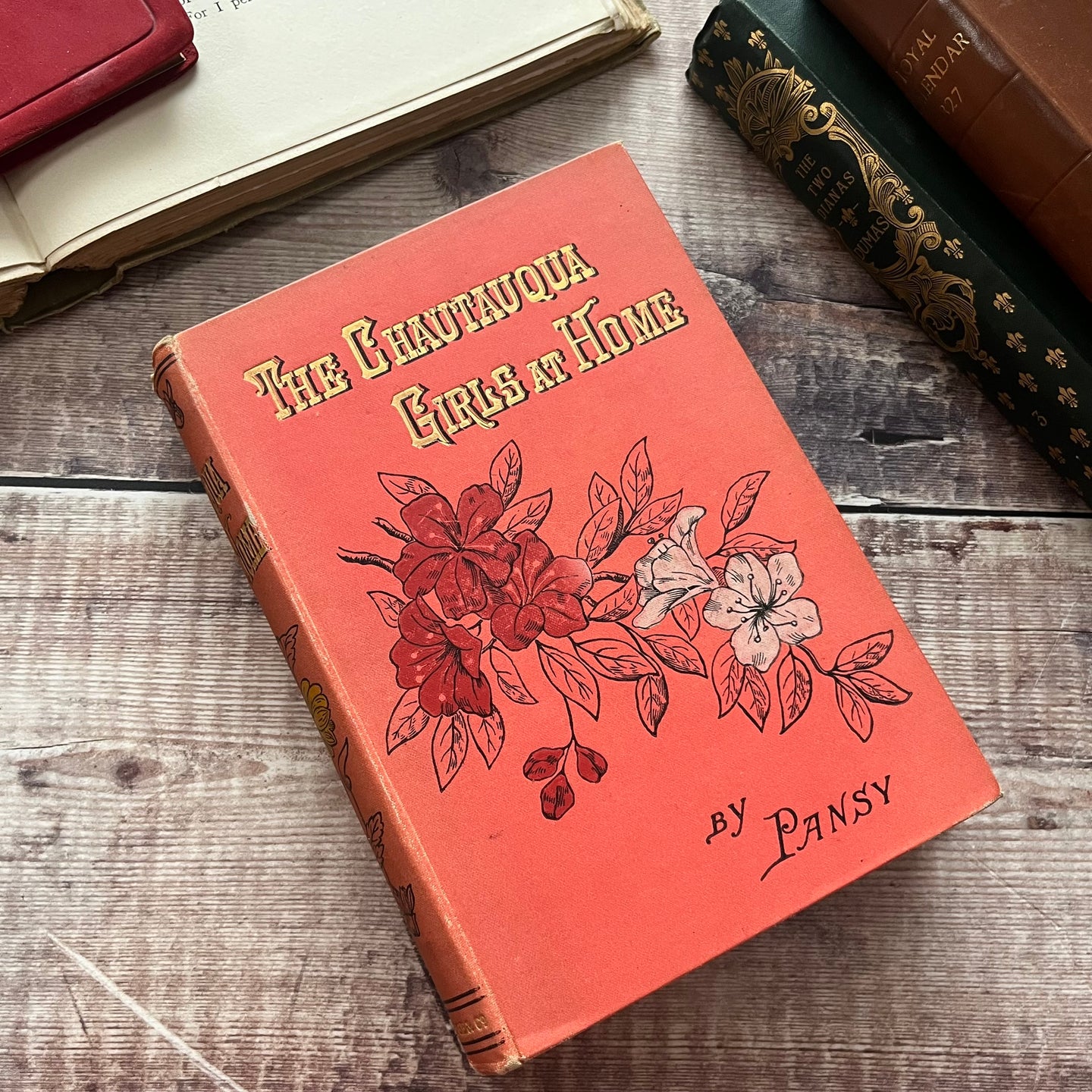 The Chautauqua Girls at Home by Pansy Beautiful Coral Pink Floral Binding