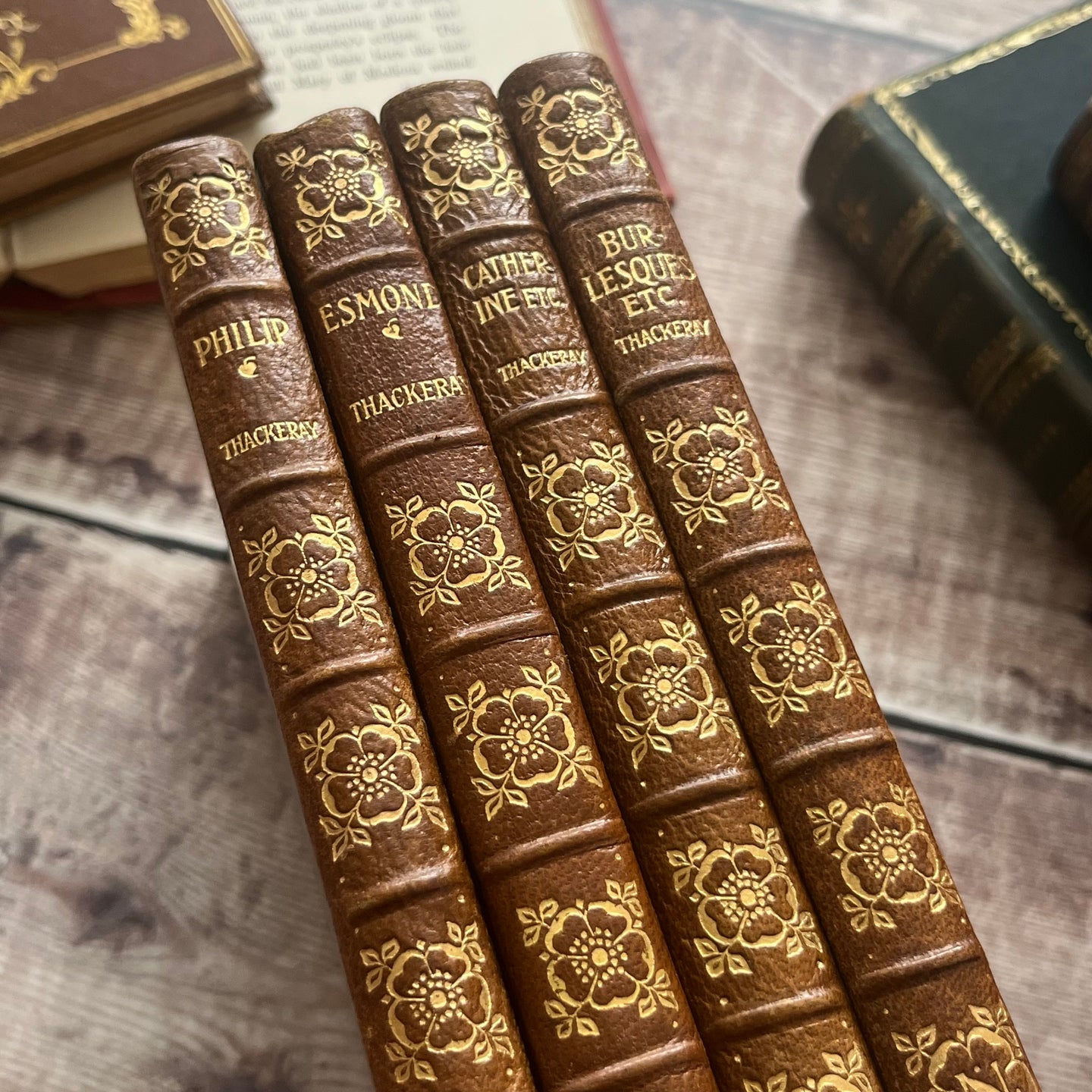 Set of 4 Antique Full Leather William Makepeace Thackeray Books with Floral Spines