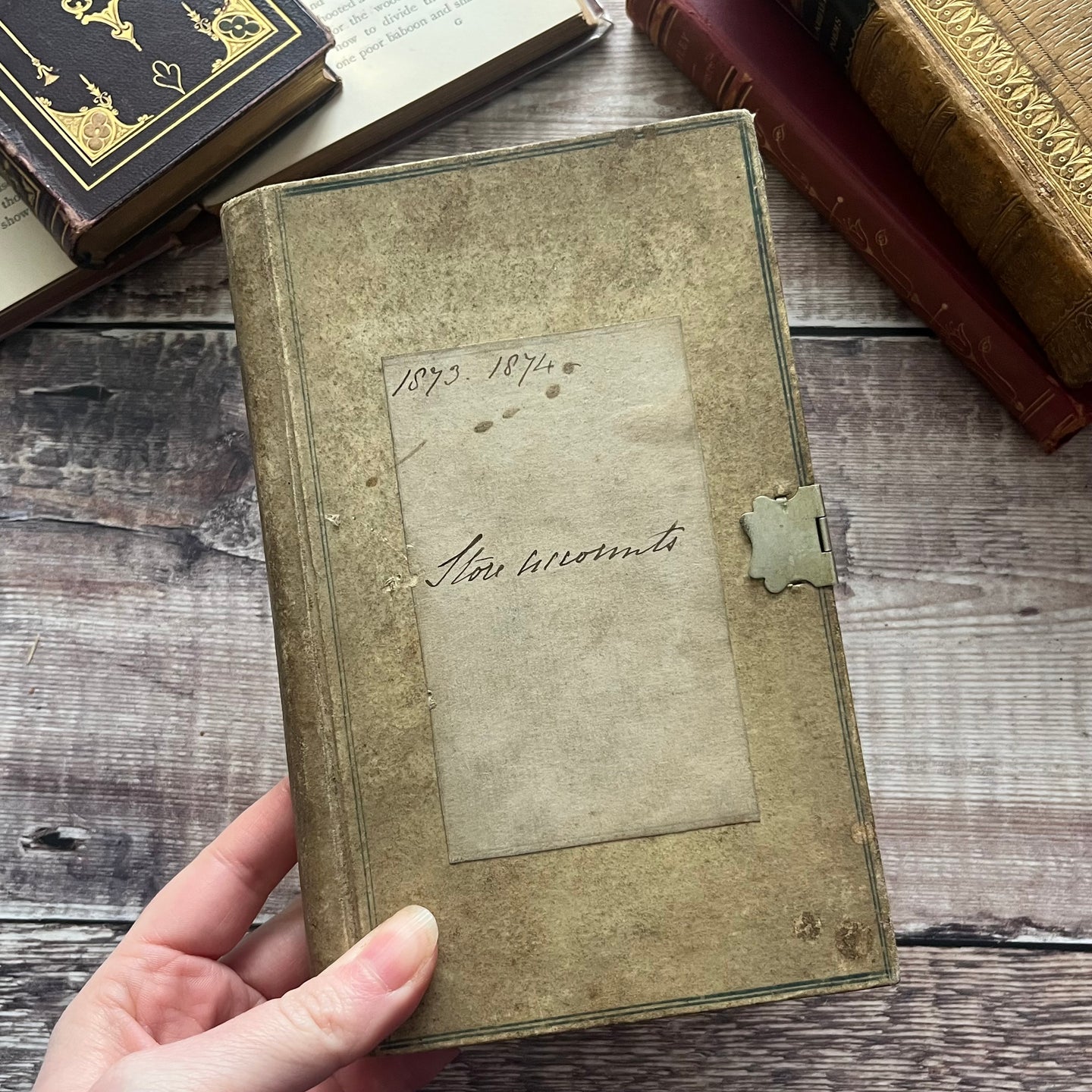 Victorian Hand Written Accounting Book with Clasp and Marbled Edges