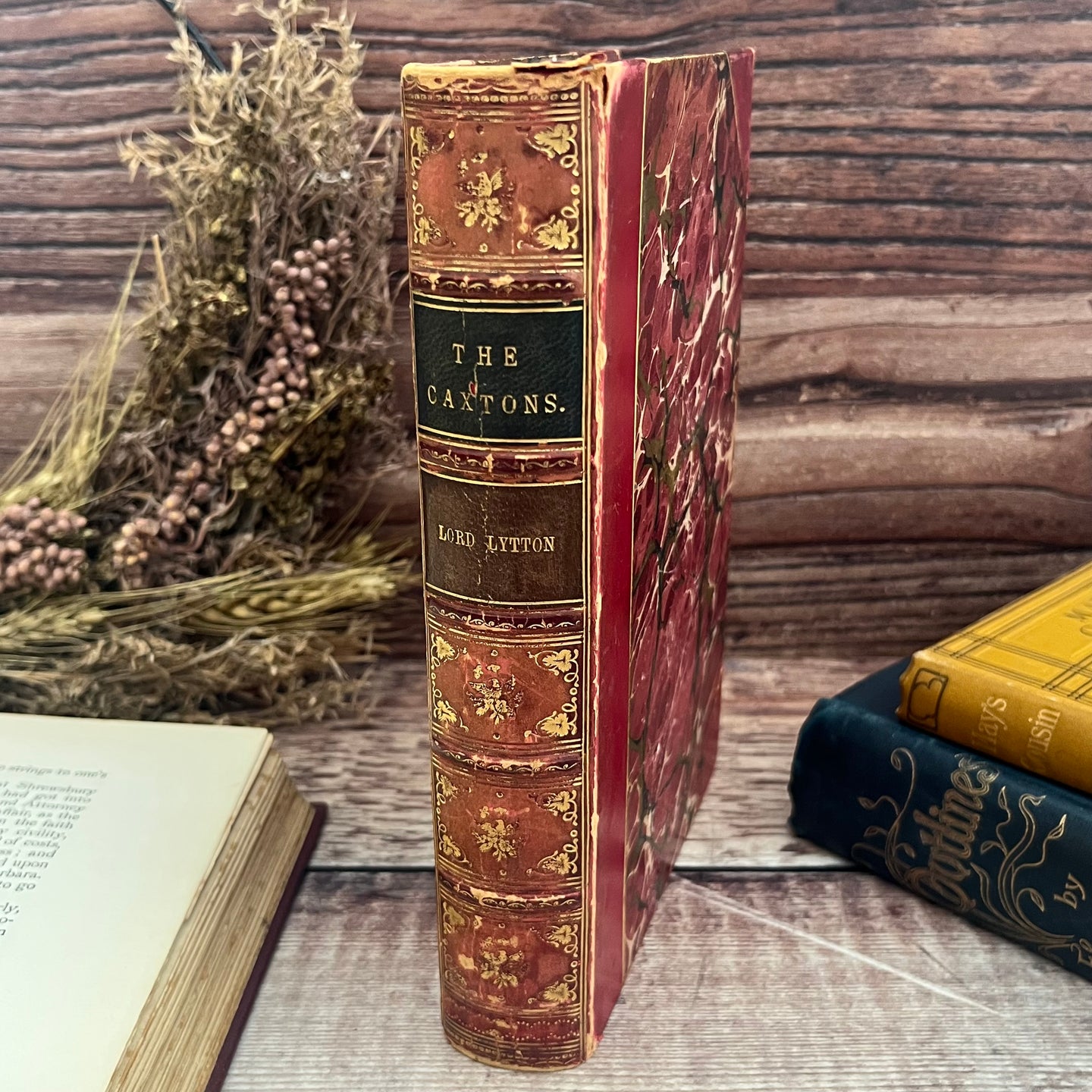 1874 The Caxtons by Lord Lytton Half Calf Leather Book with Marbled Edges