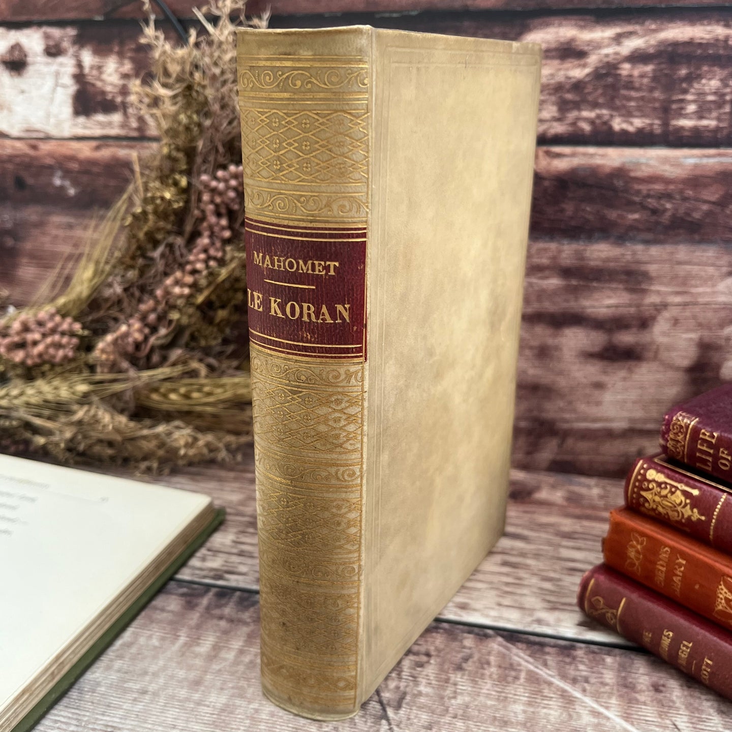 1873 Antique French Edition of the Koran Full Vellum Binding Book
