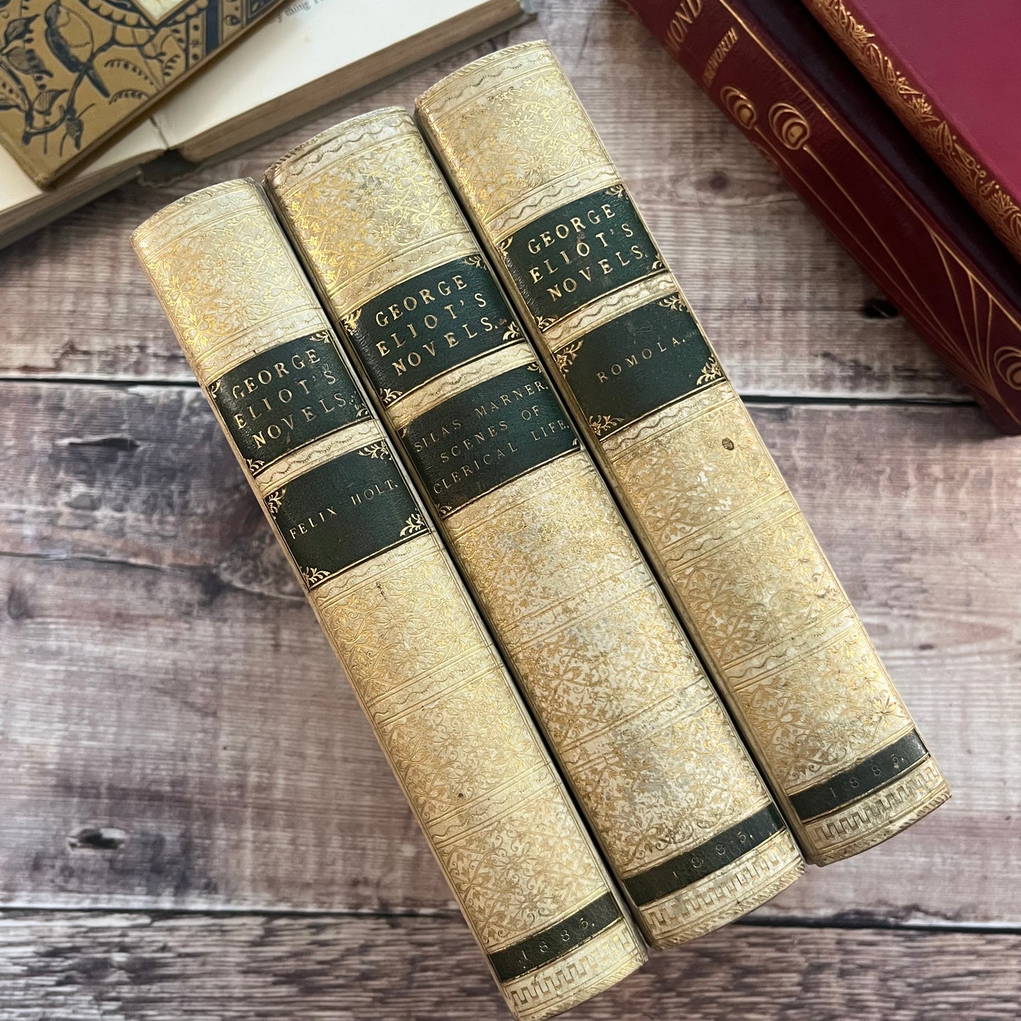 1885 Set of Three George Eliot Novels in a Half Half Vellum Marbled Binding